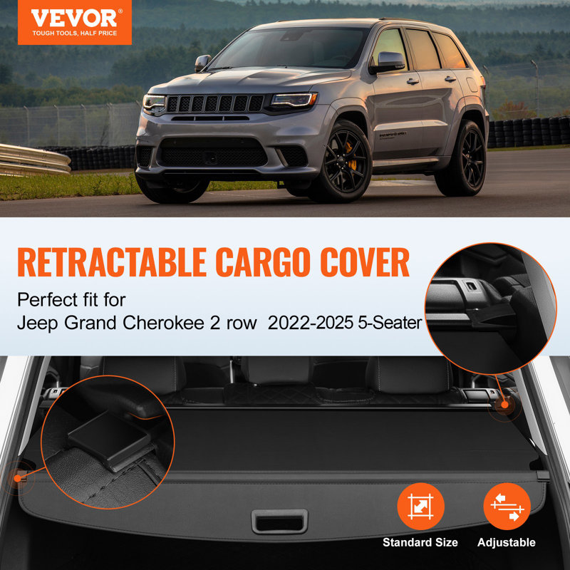 Retractable Cargo Cover, Upgraded Waterproof Trunk Cover Security Shield Shade For Jeep Grand Cherokee 2 Row 2022-2025 5-Seater, UV Proof Rear Trunk Cover Aluminum Alloy And PVC Leather Texture