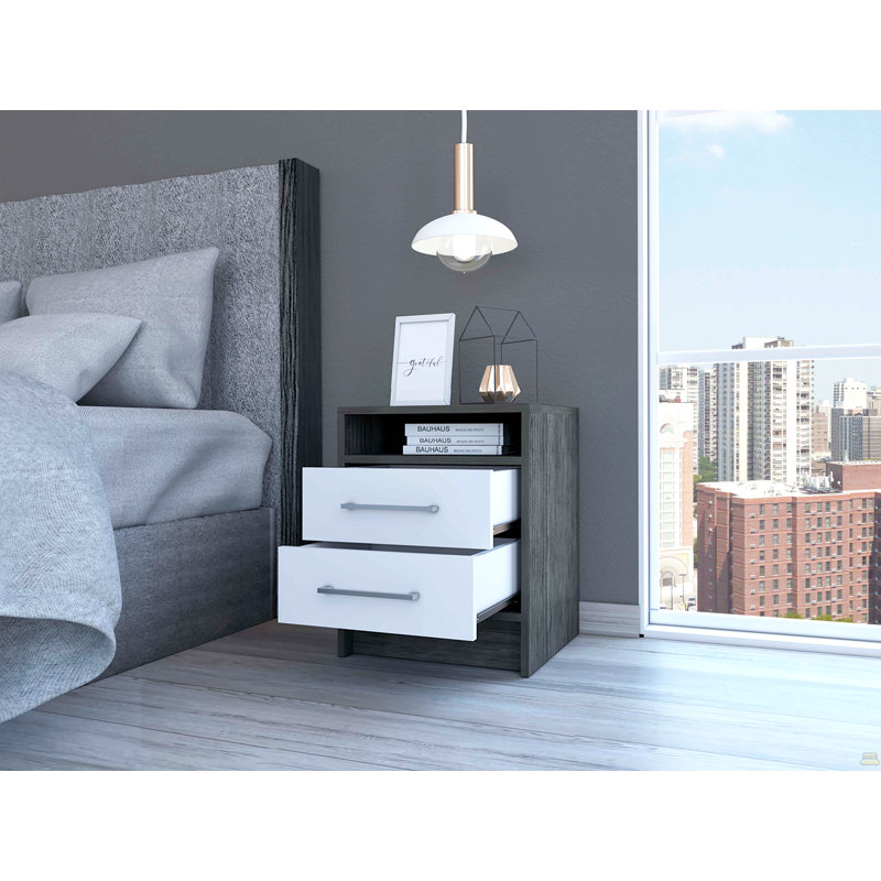 Nightstand , End Table, Side Table Superior Top, Two Drawers, Gray