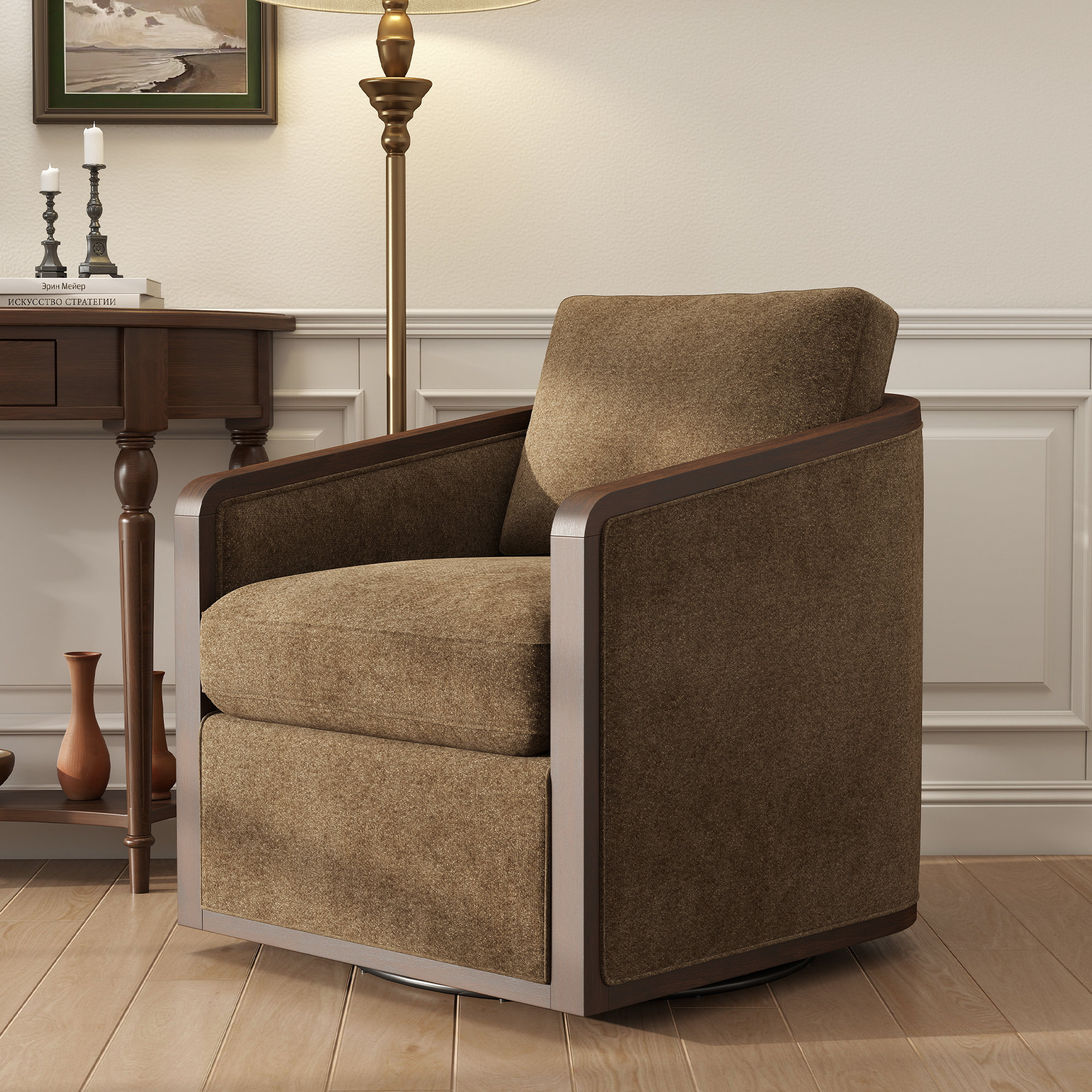  Clarisse Upholstered Swivel Chair, Light Coffee