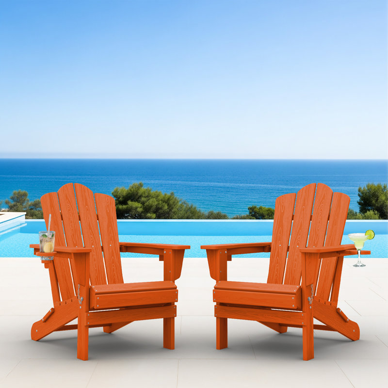 Chaise Adirondack pliante Ayanda en PEHD avec porte-gobelet double (ensemble de 2), Orange