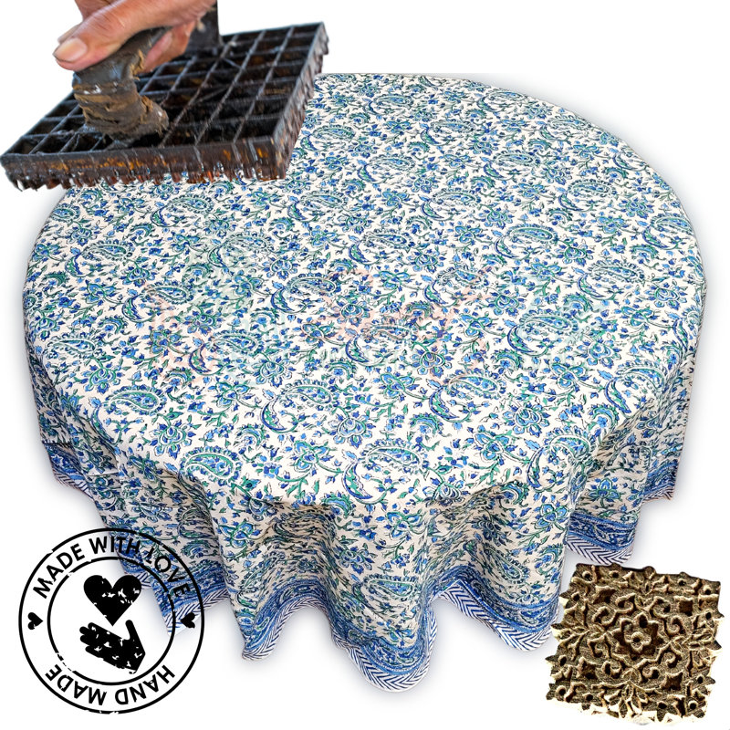 Block Print Floral Cotton Round Tablecloth, Blue