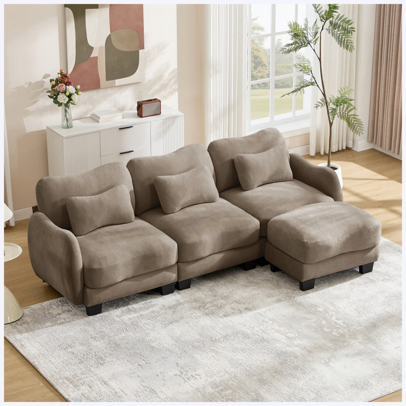 Canapé en L chenille avec repose-pieds mobile, canapé modulaire surdimensionné à 3 places avec 3 coussins de taille, conception ergonomique, assemblage facile, café