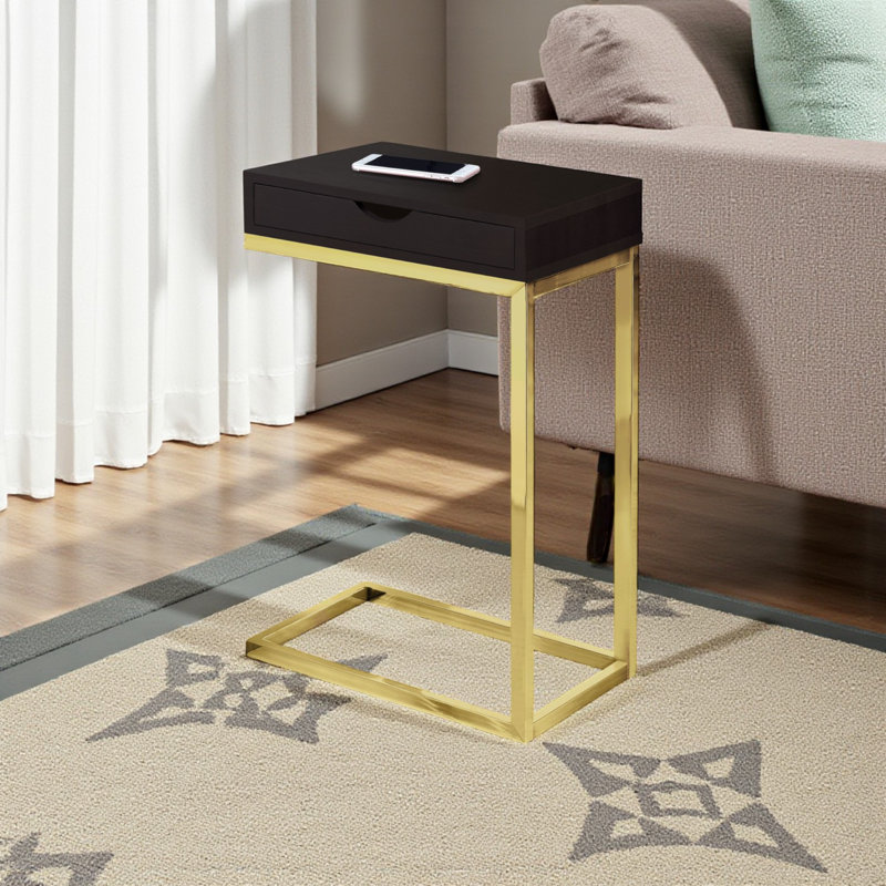 Table d'appoint Dexy, en forme de C, 1 tiroir, étroit 10 po x 16 po, métal, Or, Espresso brun