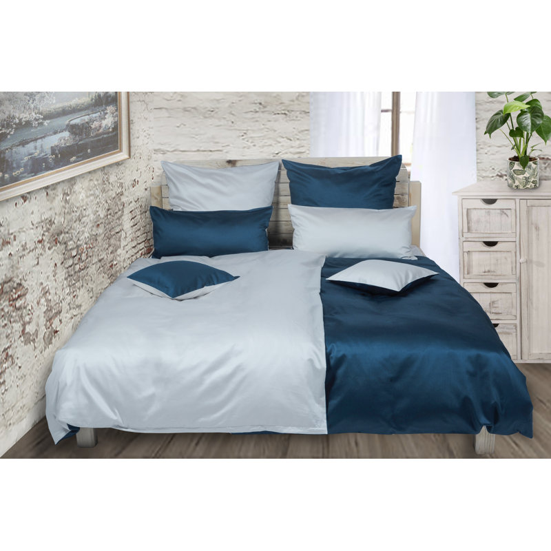 Solid Colour Duvet Cover Set with Pillowcases Included, Petrol/Silver, 155 x 220 cm - 1 Pillowcase (80 x 80 cm)