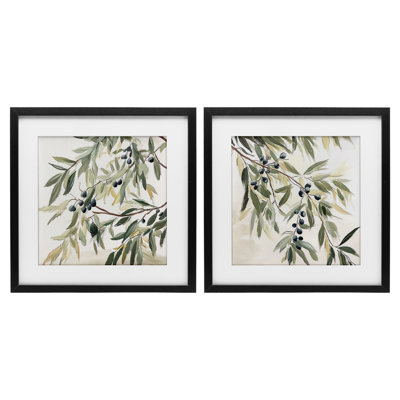 Olive Branches in Pastel, ensemble de 2 reproductions encadrées sous verre, design par Mona Grace