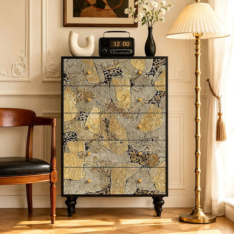 Commode de rangement décorative à cinq tiroirs en bois massif