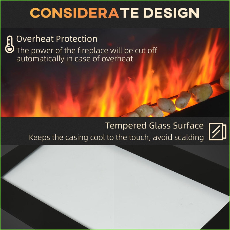Electric Wall-Mounted Fireplace 28.5'' 1500W with Flame Effect, 7 Color Light | Black | Tempered Glass
