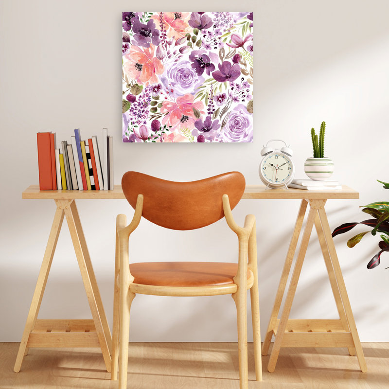 Floral, chaos, aquarelle, motif abstrait, lilas, rose, violet, fleur, printemps, art mural, 18" H x 18" W