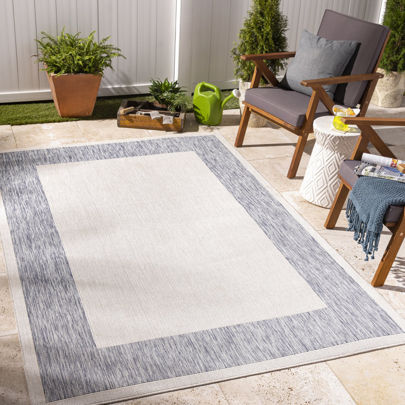 Vanilya Modern Outdoor Rug, Bordered Stain Resistant Easy to Clean Rug For Patio, Balcony, Decks & Garden