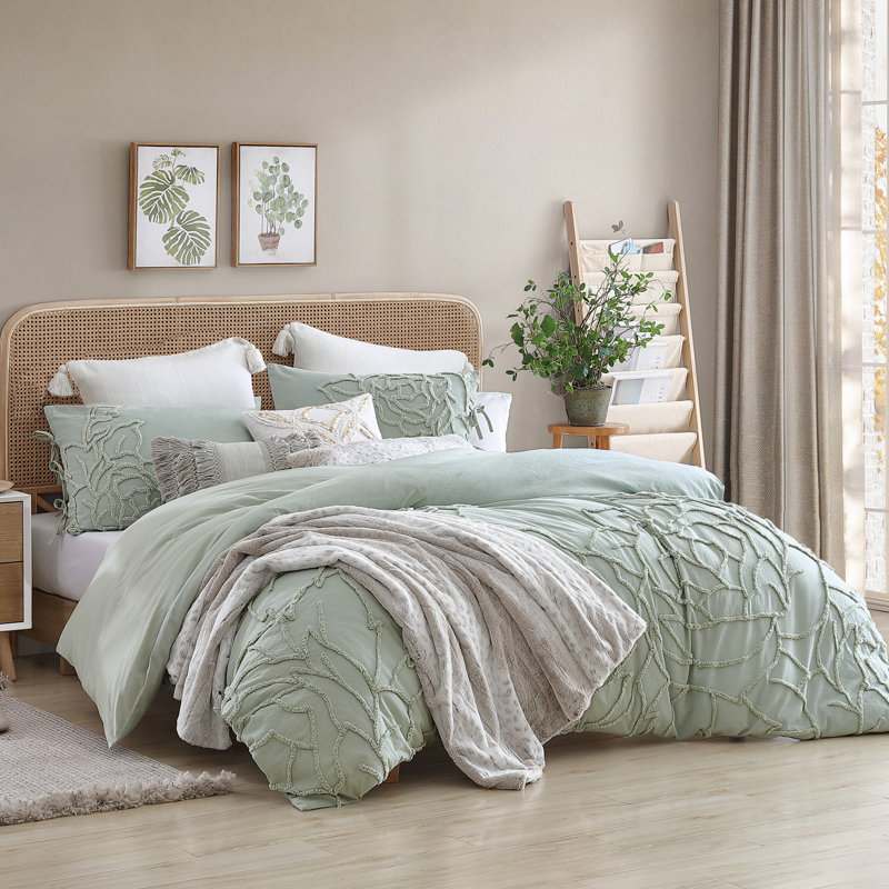 Ensemble d'édredon 3 pièces en coton gris standard Aucune pièce, Édredon double / grand + 2 taies décoratives sta, Vert