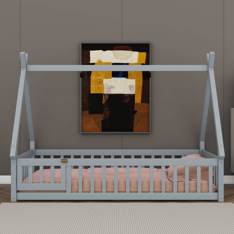 Lit cabane avec barrière et porte, lit Montessori en bois avec sommier à lattes, lit tente, Gris