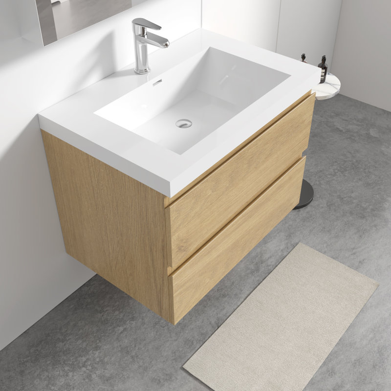  Angela 30 inch Fully Assembled Single Floating Bathroom Vanity with Solid Surface Sink, Light Oak