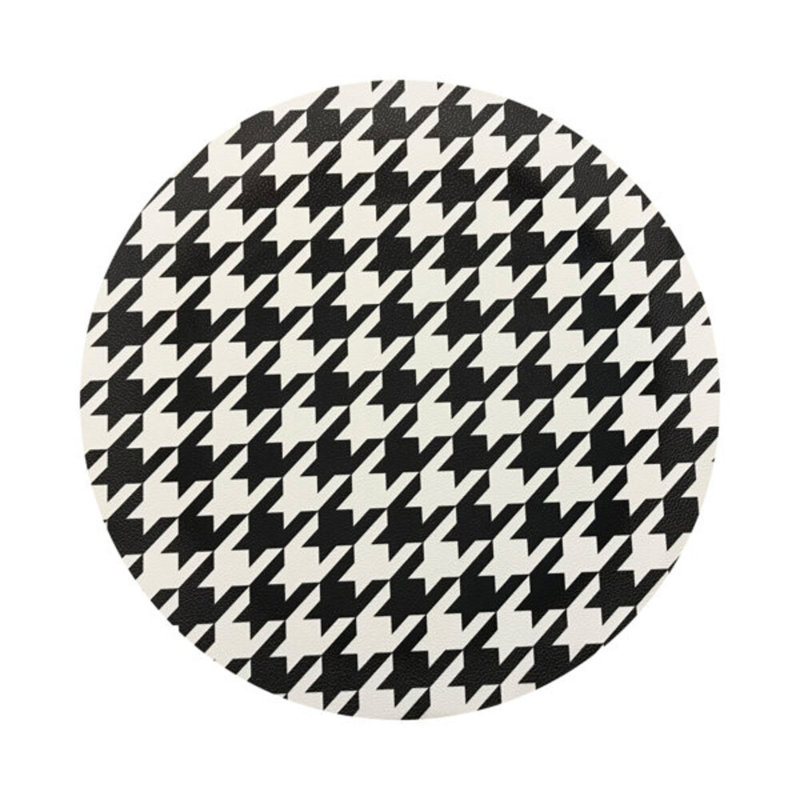 Houndstooth Black White Vegan Leather Round Coasters, Black White