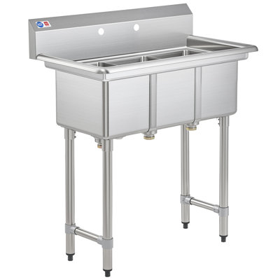 3-Compartment Sink, 10X14X10 In. Kitchen Sink With Strainers X-Shaped Guides Backsplash, Freestanding Triple Bowl Utility Sink