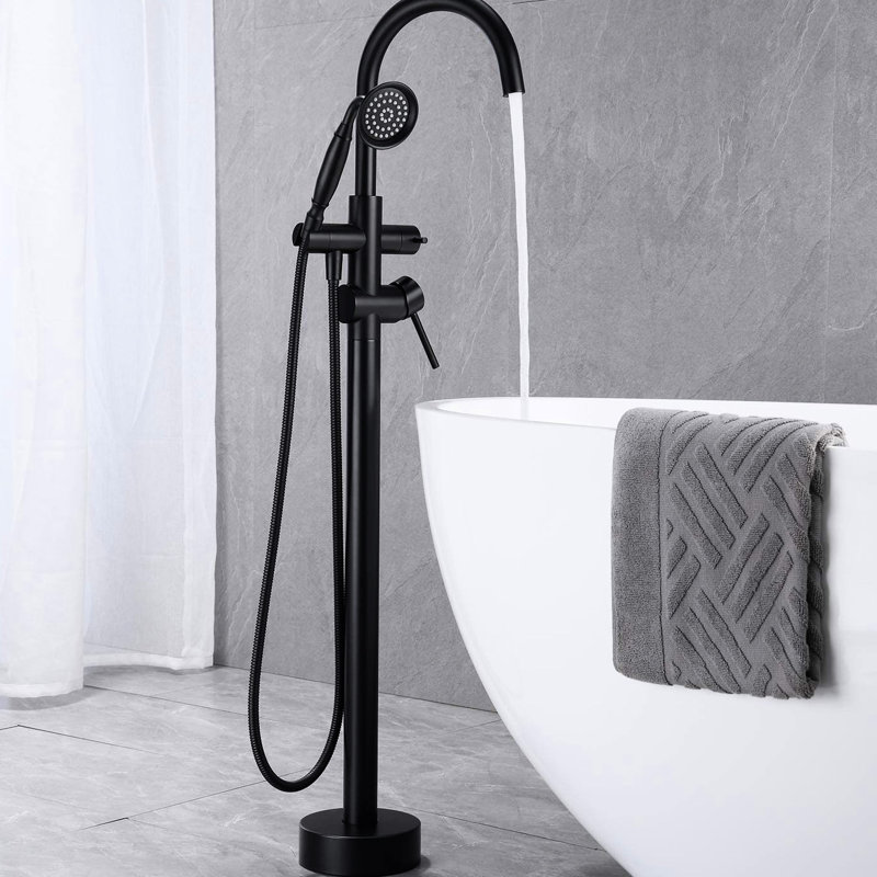 Robinet de baignoire à fixation au sol noir mat - Inverseur pour débit d'eau commode autoportant avec finition Grande flexibilité 59 po Tuyau de douche à main