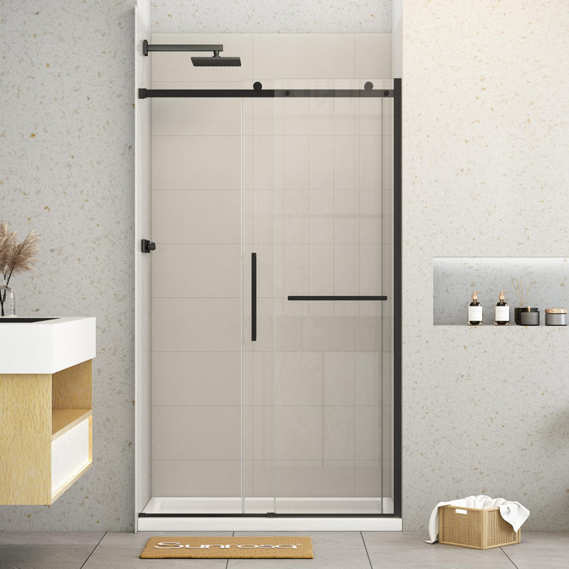 48" W X 76" H Single Sliding Frameless Shower Door With 5/16"(8Mm) Clear Tempered Glass, Matte Black