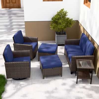 6-Piece Spacious Seating Swivel Chair Seating Group Patio Multi-brown Wicker Rattan Loveseat Sofa Set with Cushions