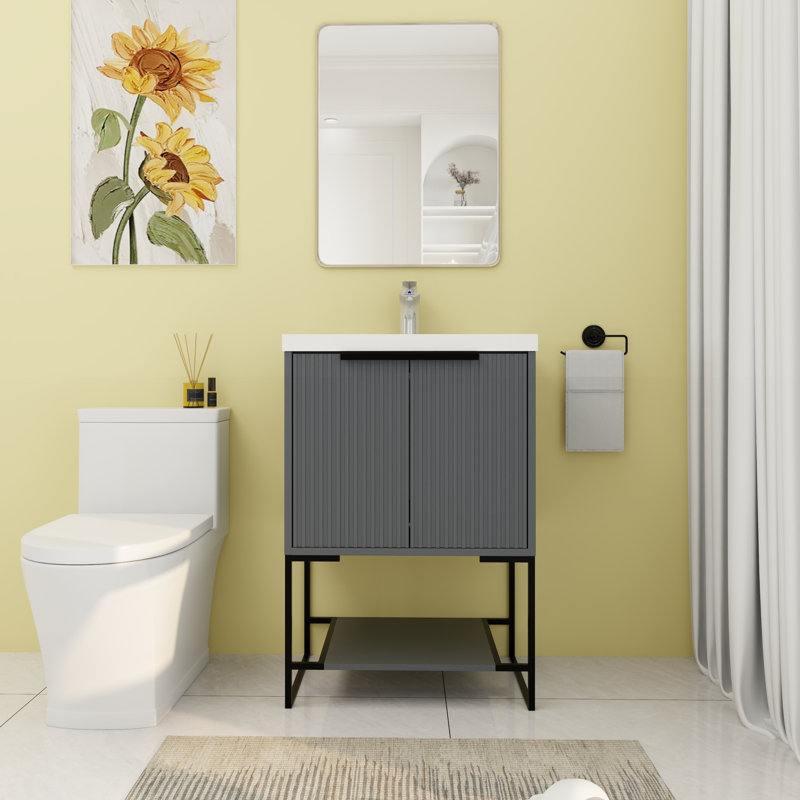 Meuble-lavabo simple autoportant de 23,66 po avec plateau en résine Ekain, Brun clair, Noir mat