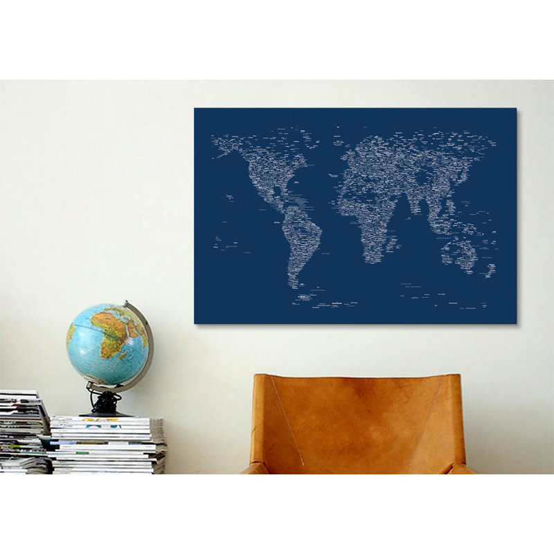 «Font World Map» par Michael Tompsett, impression sur toile tendue en bleu, H 18 po x l 26 po x P 1,5 po, Pas de tapis