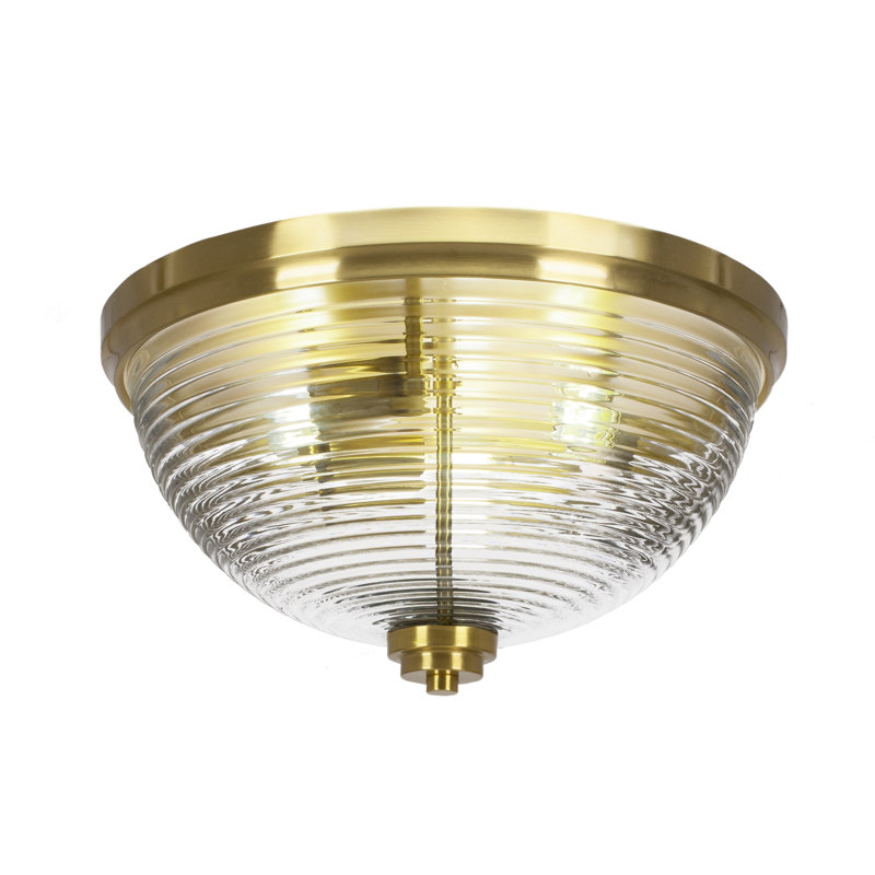 Plafonnier encastré, ampoules, illustré avec verre strié transparent, Laiton New Age, H 8,5 po x l 8,5 po x P 16 po