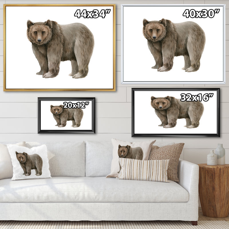 Ours brun sur blanc - reproduction sur toile, H 12 po x l 20 po, Toile avec cadre en érable
