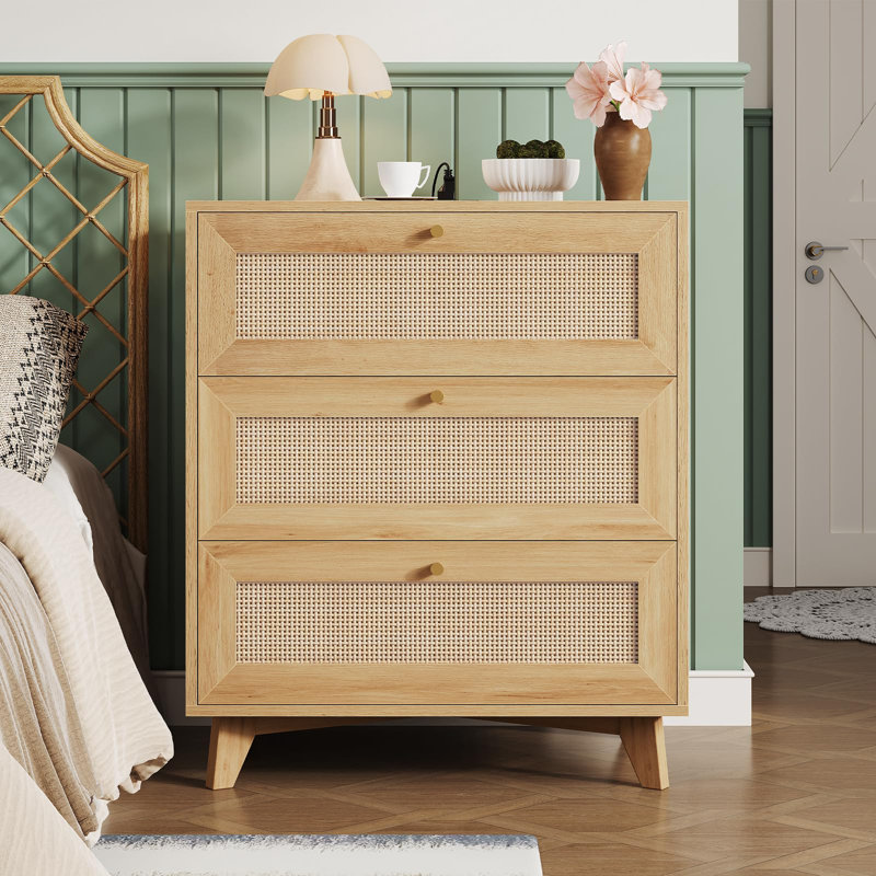 Rattan Nightstand with 3 Drawers & USB Charging Port Modern Bedroom Night Stand (Natural), Natural