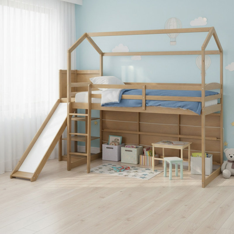 Lit mezzanine simple en bois massif avec glissoire, tablettes de rangement et lumière, Couleur du bois