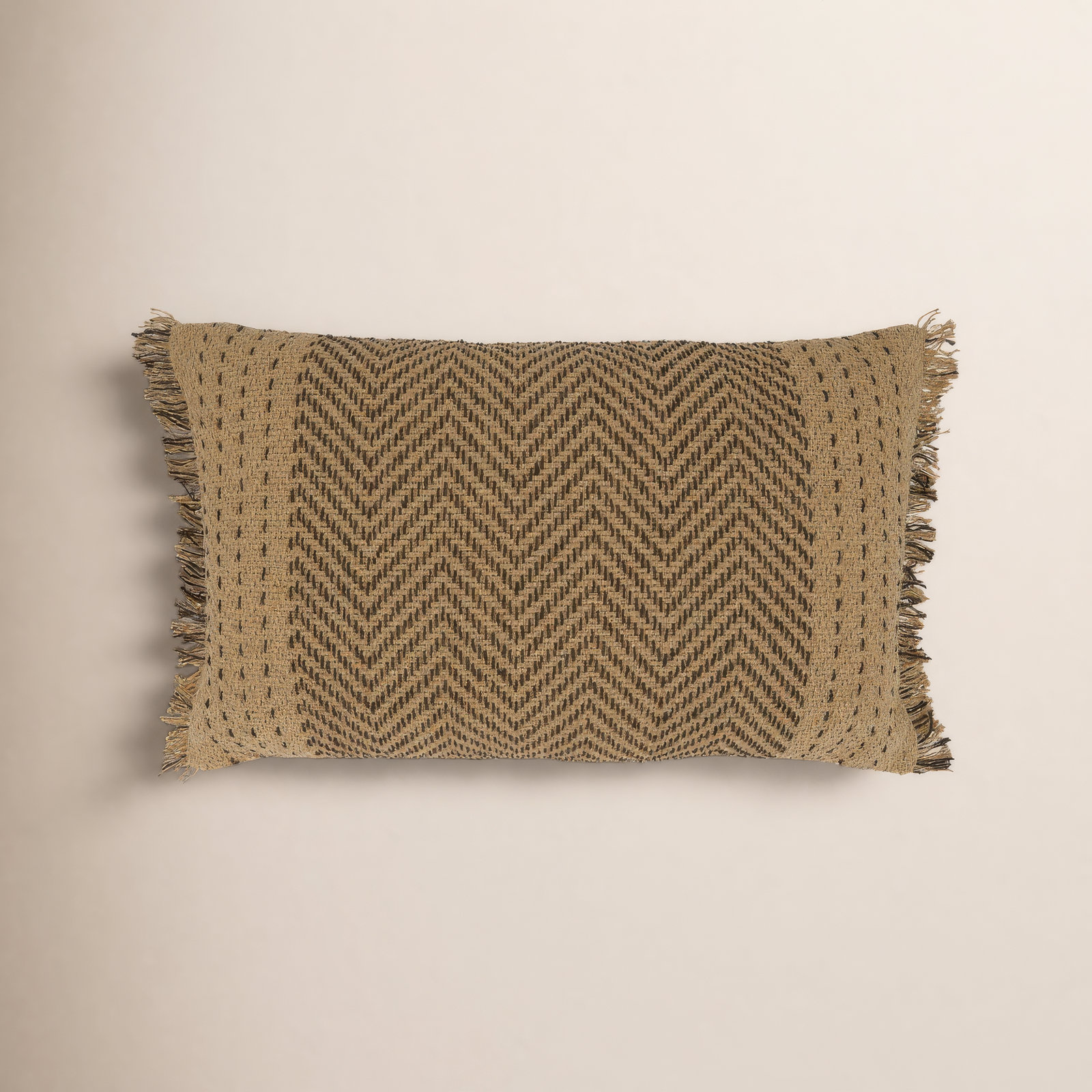 Carey Fringed Cotton Lumbar Throw Pillow, Feathers, Natural