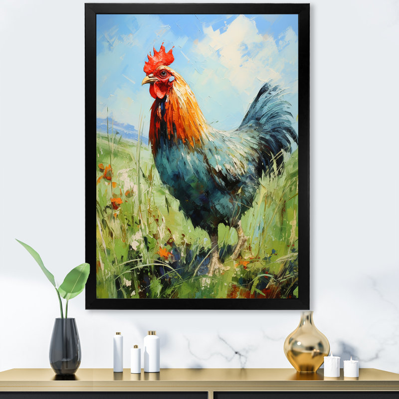 Ferme, coq, campagne, prairie I - coq, art mural, Cadre simple noir, H 40 po x l 30 po x P 1,5 po