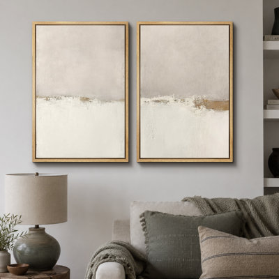 Minimal Landscape "Beige Tan Grunge Abstract Modern Artwork, Simple Minimalist Neutral Wall Pictures, Framed Canvas Giclee Print 2 Pieces Wall Art"