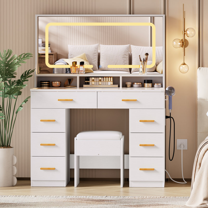 Vanity Desk with Mirror, Makeup Table with Glass Top & 8 Drawers, White