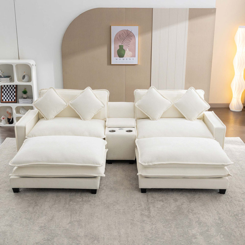 Canapé modulaire en chenille de 111 po avec deux repose-pieds amovibles, deux ports USB, deux porte-gobelets et une grande boîte de rangement pour le salon
