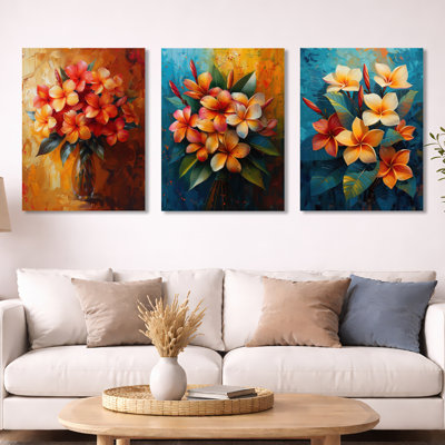 Orange Red Plumeria Vibrant Bouquet II I – Floral 3 Piece Metal Wall Decor Set