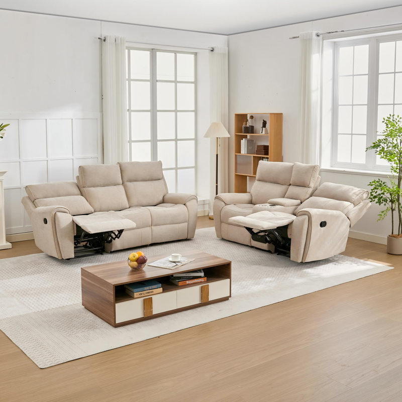 2-Piece Reclining Living Room Set with Storage, Cup Holder, and Bluetooth Speaker, Beige