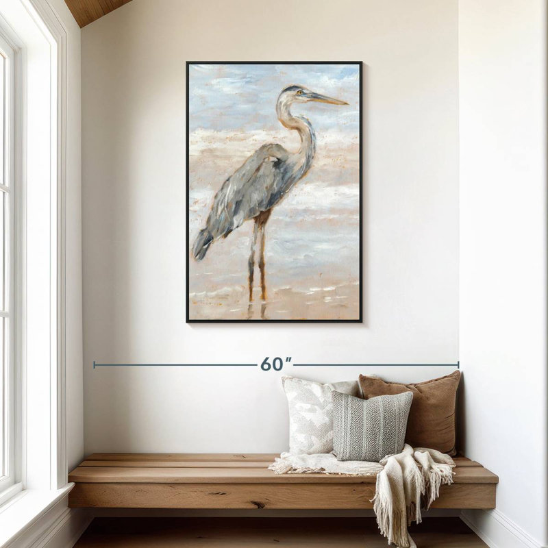 Héron de plage I, Cadre flottant noir, 29 po x 43 po