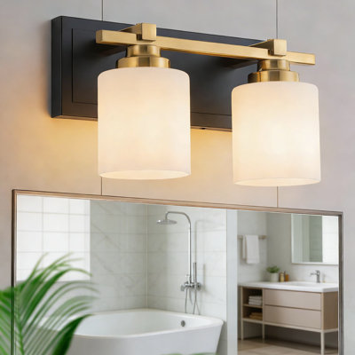 Modern 2-Light Bathroom Vanity Light Fixture For Over Mirror, Black Gold Wall Sconce With Milky White Glass Shades, E26 Socket (Bulbs Not Included)