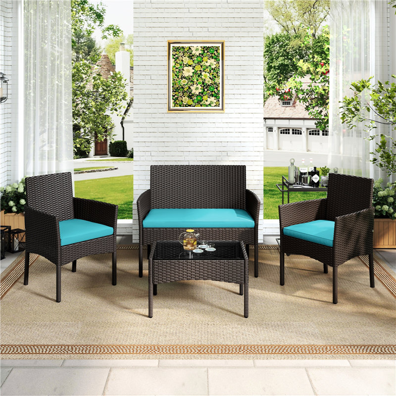 Ensemble de table d'extérieur pour 4 personnes avec plateau en verre trempé, Brun, Cyan
