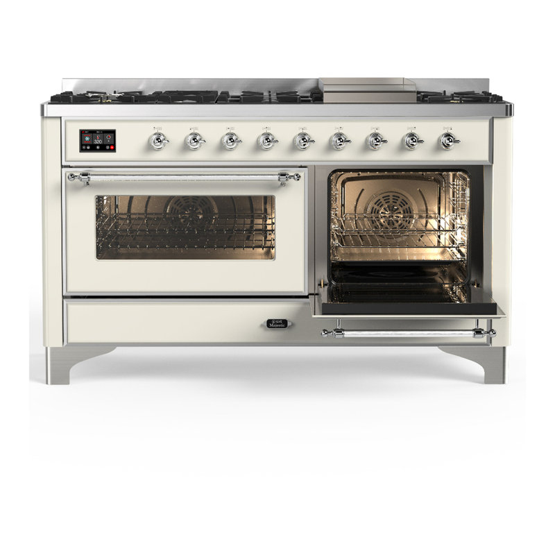 Majestic III Series 60 Inch Dual Fuel Range with 7 Sealed Burners, Griddle, in Antique White (Liquid Propane, Chrome Trim)