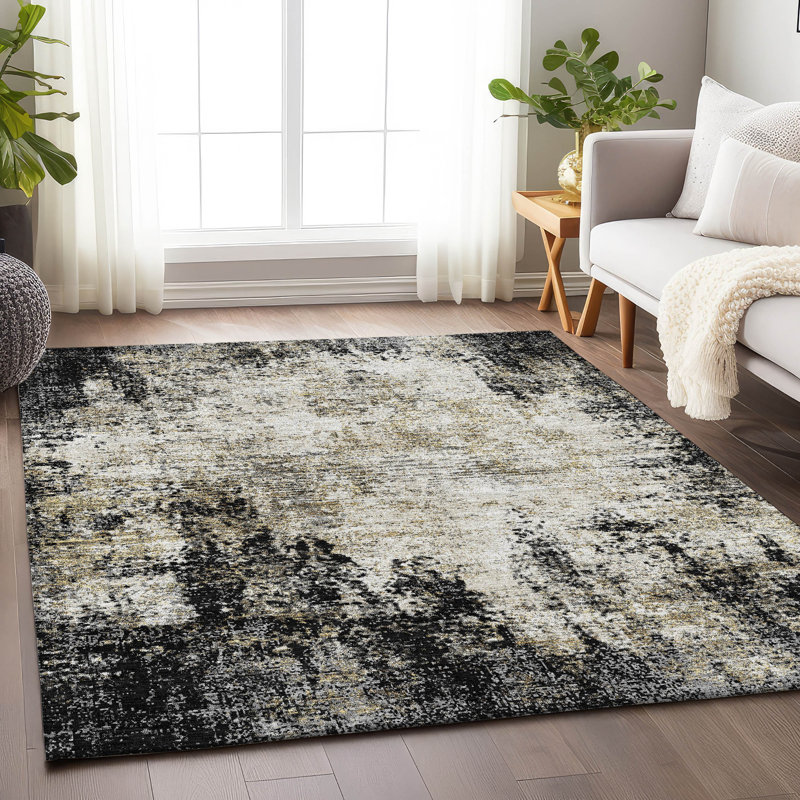 Premium Machine Washable Prisco Black Rug, Rectangle 5' x 7'6"