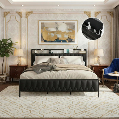 Queen Metal Platform Bed with PU Leather Button Headboard, Storage & Charging Station, No Box Spring Needed, Modern Black
