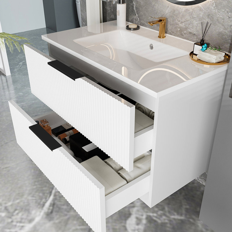 Meuble-lavabo de salle de bain 30 po avec lavabo en céramique - meuble-lavabo flottant mural blanc
