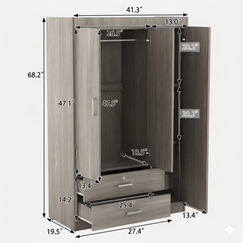 Armoire à vêtements à trois panneaux avec surface réfléchissante et tablettes intérieures, finition grise, Gris