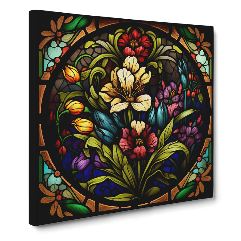 Floral Stained Glass Effect No.1 - Wrapped Canvas, 35cm H x 35cm W x 3cm D