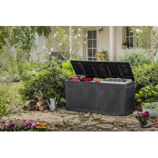  Ram Quality Products Heavy Duty 90 Gallon Plastic Lockable  Outdoor Storage Deck Box with Roller Wheels for Gardening Tools, Gray :  Patio, Lawn & Garden