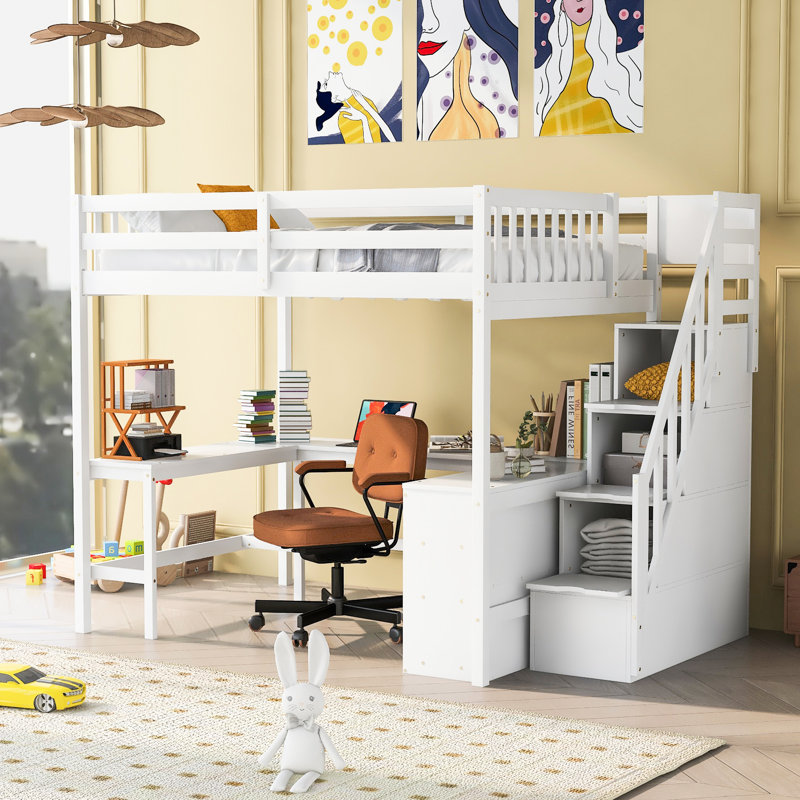 Lit mezzanine double blanc avec bureau en L, rangement et escalier - Solution pratique intégrée pour meubles de chambre à coucher