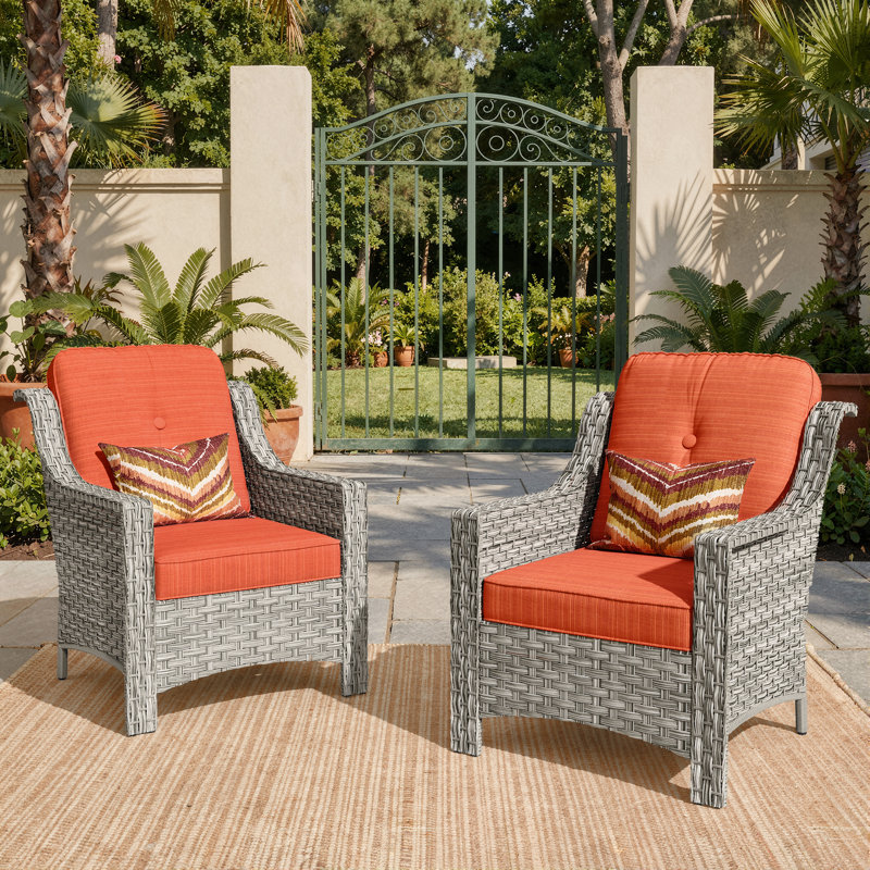 Emanuell 2 - Person Outdoor Wicker Chairs, All Weather Rattan Chairs 2-Seater with Comfy Cushions, Orange Red