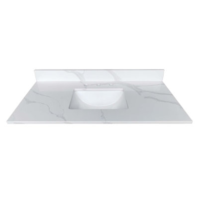 Plateau de meuble-lavabo en quartz 43 po, lavabo central encastré à simple cuve de 3/4 po d'épaisseur, dosseret de 4 po de hauteur, 3 trous de robinet pré-percés, résistant aux taches et à la chaleur, quartz blanc de Carrare avec veines