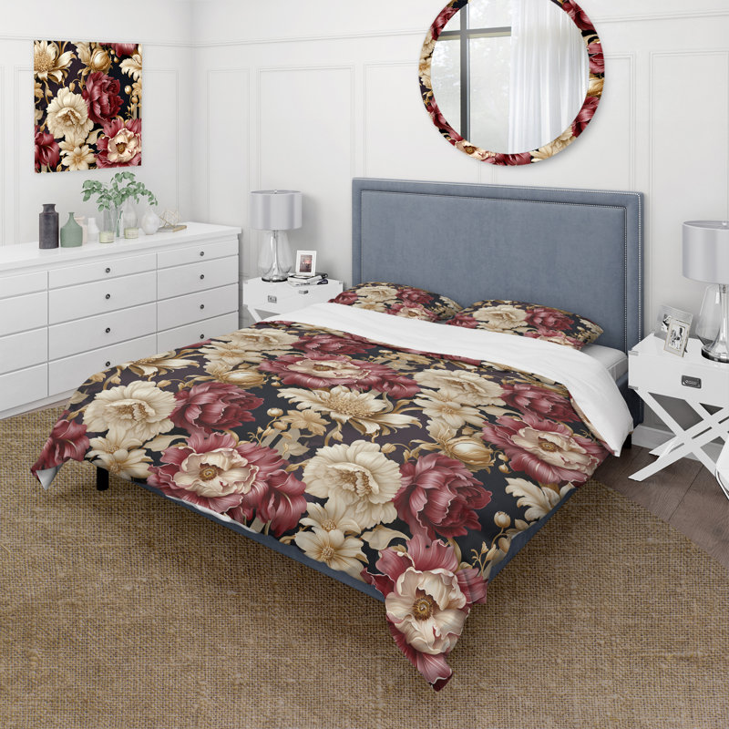Literie pivoines beige et rouge Chic Elegance, Housse de couette pour très grand lit et 2 très