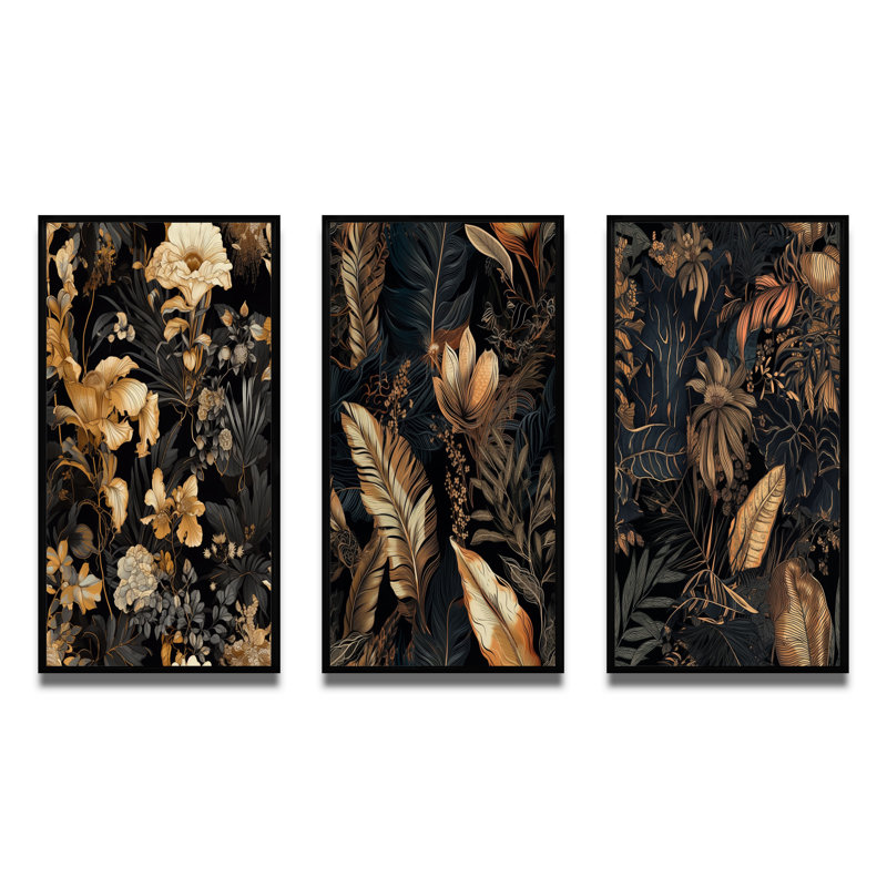 «Gold Tropical Leaf Serenade», 3 pièces sur toile, Cadre flottant noir, H 28 po x l 36 po