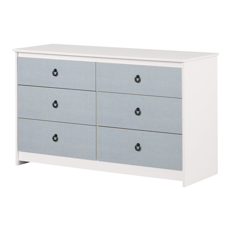 White and Blue Double 6-Drawer Dresser with Metal Handles